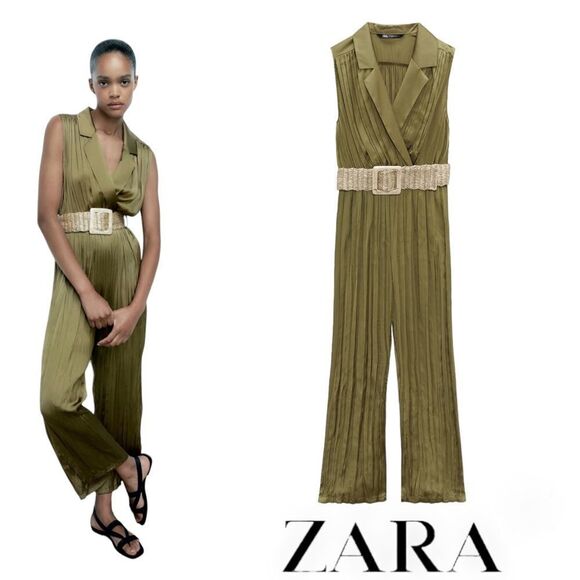 ZARA | Olive Green | SATIN EFFECT JUMPSUIT WITH BELT - Picture 1 of 12